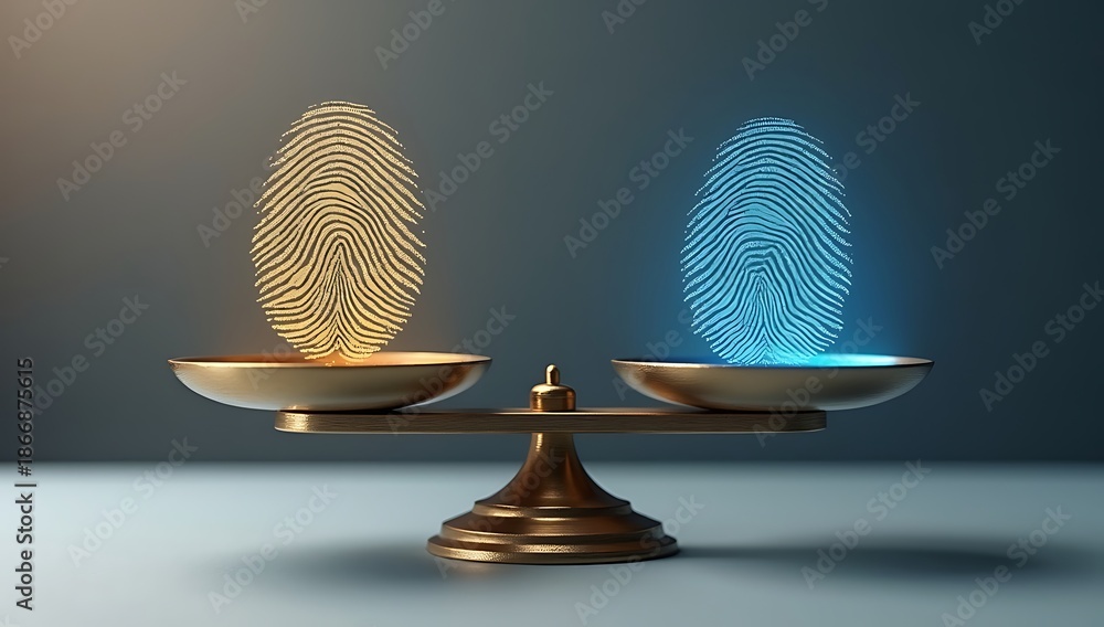 A balance scale weighing human fingerprints on one side and binary code on the other, symbolizing algorithmic bias