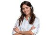 © The Stock Guy - Portrait of a smiling female customer service representative with a headset and arms crossed, isolated on transparent background