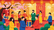 © Zubair - A vibrant illustration of people exchanging gifts in a festive setting with cherry blossoms and lanterns