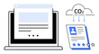 © robu_s - Digital interface on laptop, carbon emissions cloud, and rating document. Ideal for sustainability, technology, job assessment, data, ecology evaluation innovation concepts. Simple flat metaphor