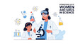 © NanzZ - Illustration of a woman and a girl in lab coats using a microscope and test tubes on International Day of Women and Girls in Science, with a colorful and educational mood.