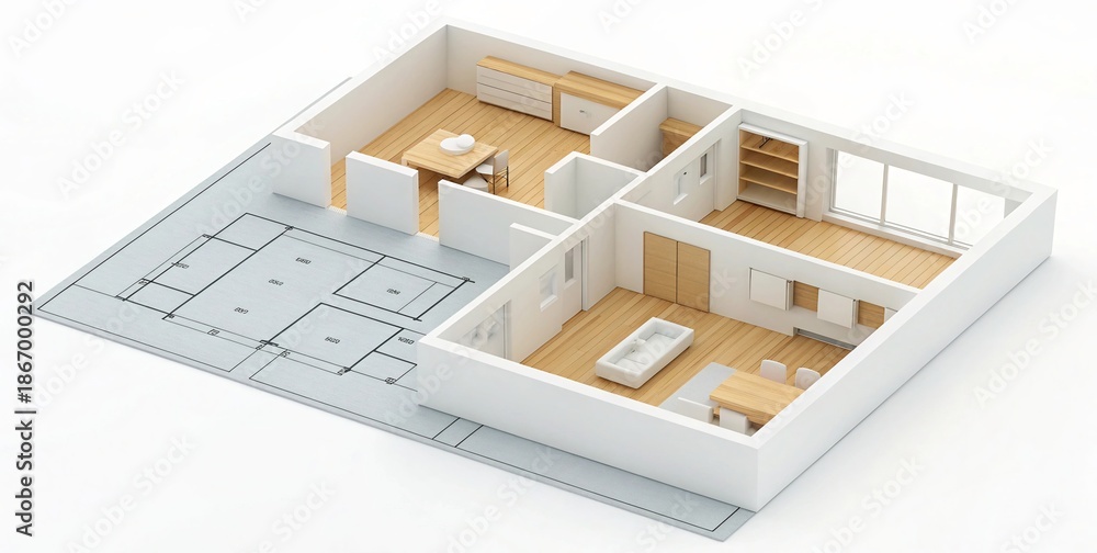 3D Isometric House Floor Plan Rendering with Furniture and ...