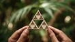© Sarti - Hands hold a wooden hierarchical triangle of human figures against a green forest