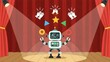 © Lakmal Nikosala  - Flat vector illustration of a whimsical entertainment robot performing on stage, juggling with applause and spotlights.