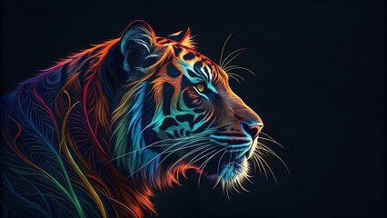 Naklejka na meble Vibrant close-up of a tiger's face illuminated by colorful neon lights