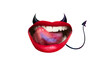 © putri rahayu - Illustration of a mouth with devil horns and tail, symbolizing temptation, evil speech, sarcasm, mischief, and negative communication in a humorous style.