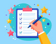 © Deva - A hand marking checkboxes on a clipboard with stars, symbolizing task completion and successful achievement.
