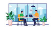 © Michael - Colleagues sitting at a desk in a modern office with laptops discussing a business project against a stylized city skyline silhouette.