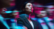 © Parisa - Asian female corporate manager against moving team with bold magenta blue motion