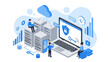 © Skyframe - Modern isometric vector illustration depicting cloud computing infrastructure, secure server management, cybersecurity data protection, and network analytics for digital business technology