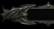 © PhotoArtHub - Silver bat with ornate wings, centered on a dark rectangular frame detailed with skulls and scrollwork, showcasing gothic aesthetic, ideal for Halloween or dark fantasy themes