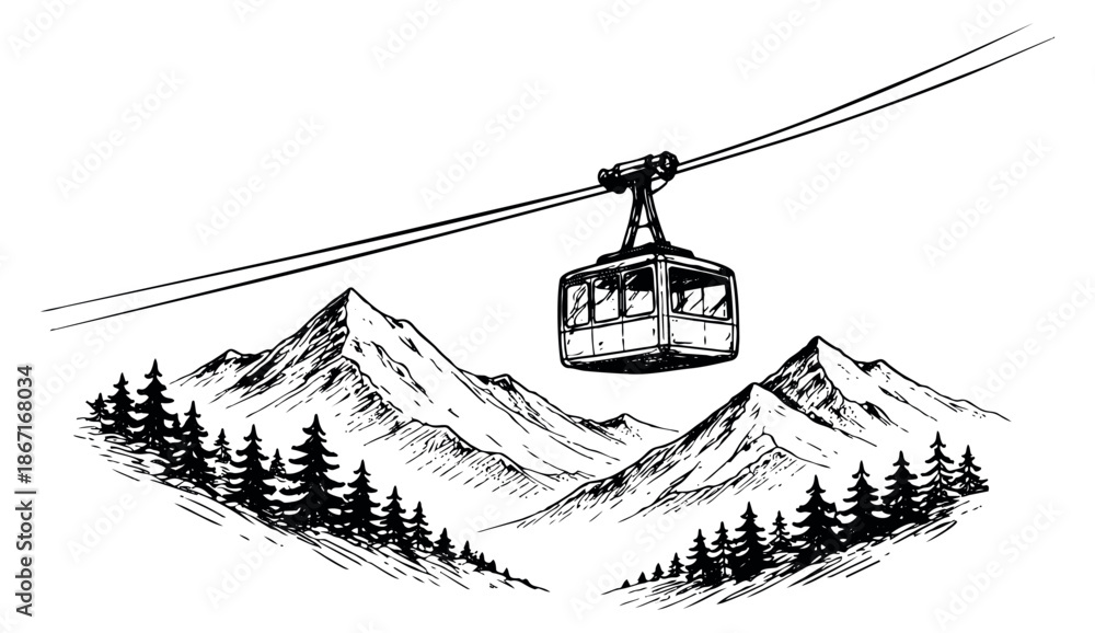 Hand drawn line art illustration of a cable car over mountains and pine ...