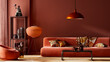© Salih - Bold conceptual living room interior featuring terracotta colors, sculptural sofa, abstract wall art and warm lighting for a stylish retro modern atmosphere. 3D illustration