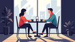 © VectorAura - Couple enjoying coffee together in modern cafe with city view
