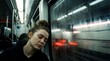© Fernando - Young woman sleeping on a train during a rainy day, with condensation on the window and blurred city lights outside Concept of travel, fatigue, and urban commute
