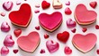 © saratm - Top view of pattern made of many mini pink and red heart cheesecakes on white background