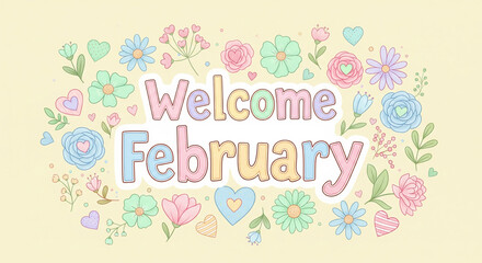 Naklejka na meble Watercolor Welcome February Floral Wreath with Hearts and Daisies for Seasonal Greeting Card Design