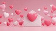 © Muhammad Hammad Zia - 3D love letter concept. Pink heart coming out of a white envelope surrounded by floating pastel hearts on a pink background. Ideal for Valentine's Day, romance, or greeting cards.