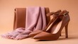 © jemb - Elegant brown ankle strap heels displayed with a coordinating leather handbag and soft pink textile accessory