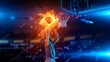 © PixelCraft - Dynamic basketball player takes an electrifying shot with a blazing ball, symbolizing explosive energy, power, and competitive spirit on the court during an intense game