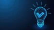 © Moon Guy - A digital wireframe lightbulb with a glowing blue checkmark symbolizes a successful innovative idea and technological solution on a dark abstract background