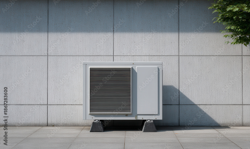Foto de Stock Outdoor air conditioning unit on a concrete slab in front ...