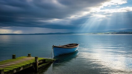 Naklejka na meble Serene lake scene with small blue boat on calm water