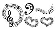 © Hafiz - Music notes and clef vector set with various artistic shapes including circle heart and wave designs musical elements