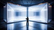 © Lustre Art Group  - Futuristic design with woman facing bright geometric light structure. Concept of data flow, artificial intelligence, tech solutions, analytical thinking, innovation promo and corporate communication.