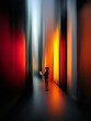 © Lustre Art Group  - Abstract composition with woman using laptop in vertical light corridor. Concept of digital work, remote productivity, technology solutions, modern business workflow and corporate innovation.