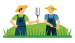 © Shamshar - Two farmers in straw hats and overalls working together in a lush green field.