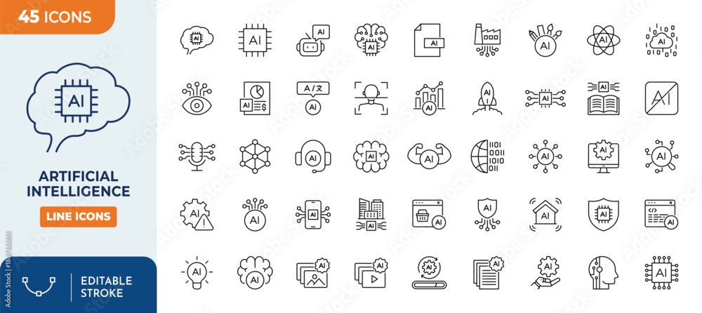 Artificial intelligence line editable icon set. Contain icons related ...