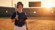 © Artem Zatsepilin - caucasian female batter standing on dirt field with bat during sunset. confident athlete with eye black posing at stadium. sport competition concept. banner, website header with copy space.