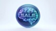 © Khorshada - Glowing blue and purple geometric brain with sale text on circular badge 1