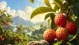 Ripe red rambutan fruits hanging on tree with tropical mountain landscape view
