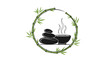 © Jubayer - Zen spa therapy concept featuring balanced smooth black stones, a steaming bowl and a circular bamboo frame on a white background.