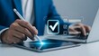 © marzan - Professional using a digital pen on a tablet to complete a checklist for quality assurance and verification