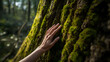 © ATime7Day - Human hand gently touching moss covered trunk of magnificent tree, connecting deeply with nature, offering peaceful moment restoring mind and spirit within quiet forest
