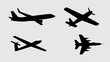 © Ultimate - a minimalistic depiction of four black silhouettes of various aircraft including airplanes and fighter jets against a plain white background high quality professional detailed modern elegant