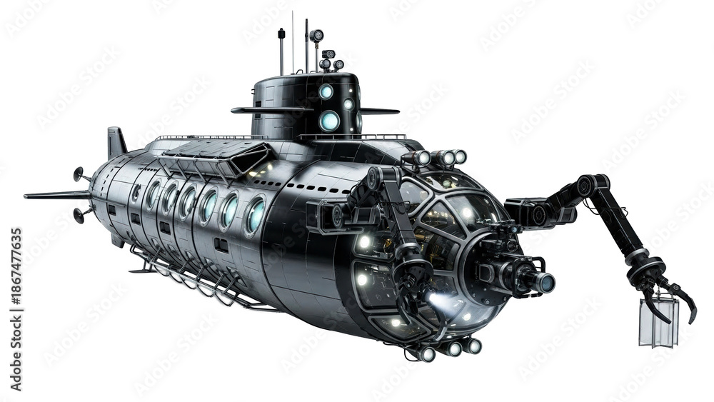 Advanced deep sea exploration submarine with intricate robotic arm and ...
