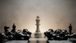 © Md - Strategic leadership and victory concept with a single white king chess piece standing among many fallen black pieces on a chessboard