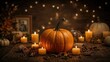 © Lasvu - Pumpkin, candles, and autumn decorations creating a cozy Halloween or fall ambiance.