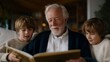 © forenna - An elderly man flipping through a family photo album with his grandchildren, sharing delightful stories and cherished memories from his youth, evoking laughter and wonder in their curious hearts.