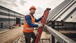 © Vasiliy - Construction worker on a ladder inspecting a corrugated metal roof. Roofer in orange safety vest and hard hat at an industrial site. Professional building maintenance and repair concept