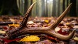 © Dido - Deer antler on forest floor leaves.