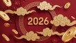 © Myimages - Chinese new year 2026 celebration with gold coins and traditional decorations on red background