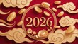 © Myimages - Chinese new year 2026 celebration with gold coins and traditional decorations on red background
