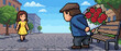 © Vladislav - Pixel art scene of a man hiding a bouquet of red roses behind his back while waiting for a woman on a romantic date in a charming city park setting