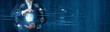 © Theyone - Businessman hand hold machine learning platform, predictive analytics system, ai powered decision automation, big data processing, data driven business intelligence, intelligent technology