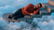 © Rendara Studio - Man sleeping on a floating stone staircase above clouds